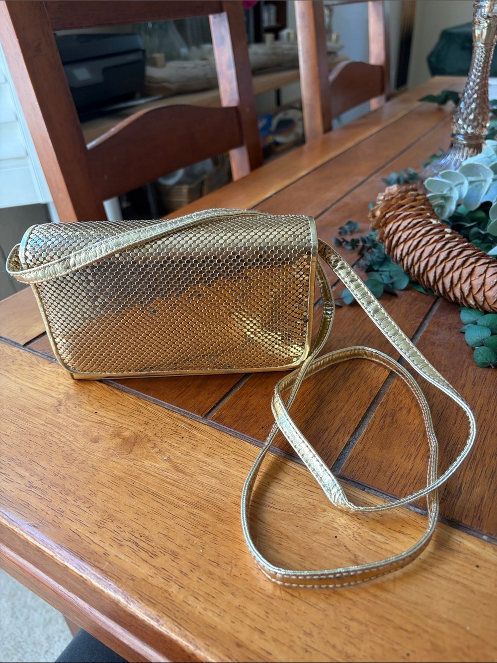 Whiting & Davis Gold Metallic Mesh Crossbody Bag